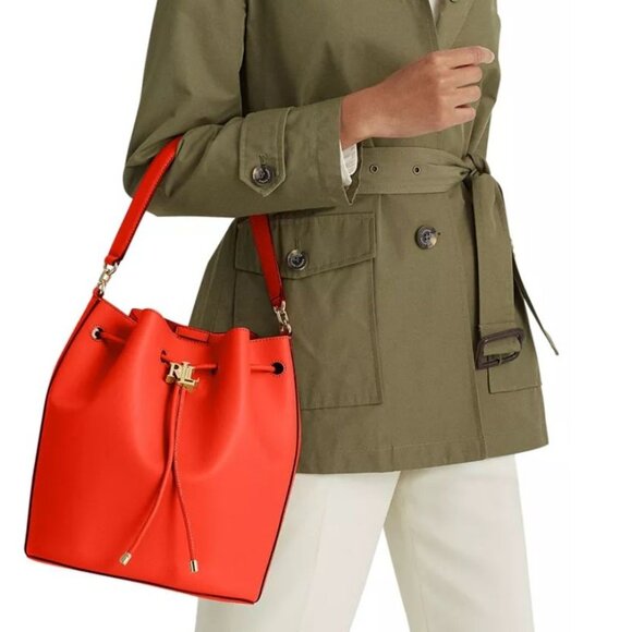 Lauren Ralph Lauren Leather Large Andie Drawstring Bag, Red NWOT - Picture 2 of 16